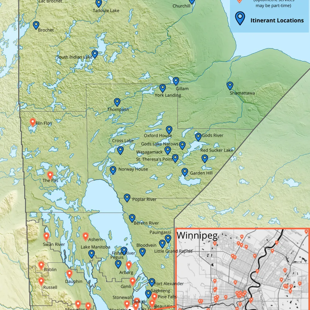Manitoba map of optometry locations. 